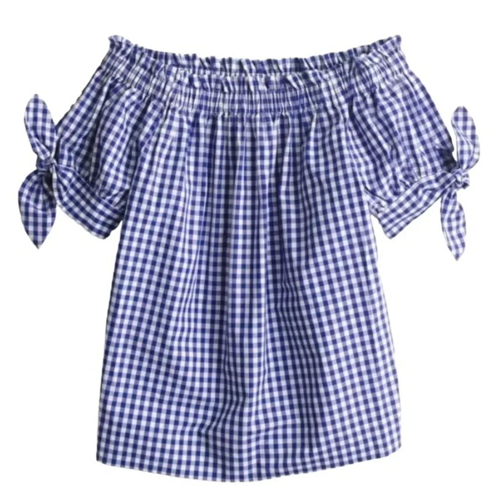 J. Crew Blue White Gingham Checkered Off The Shoulder Top Cottagecore Size 2